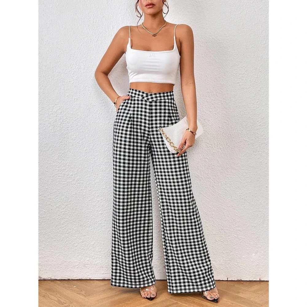Gingham plaid Print Wide Leg high waist  Pants black white - Picture 7 of 7